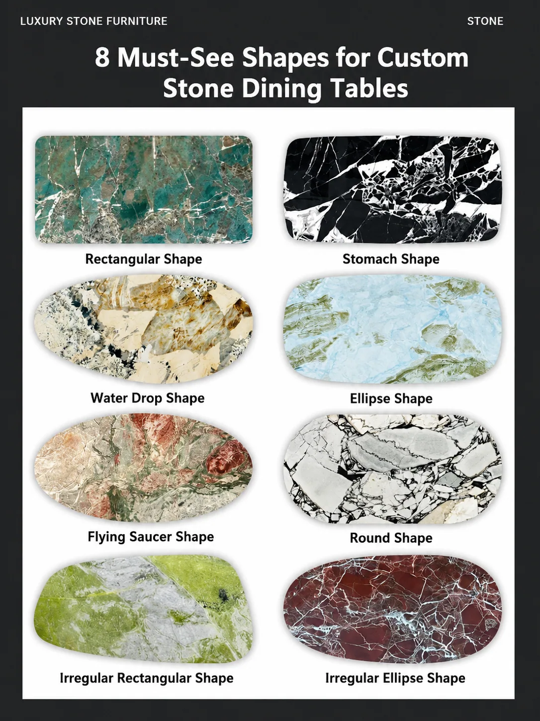 Eight custom stone dining table shapes infographic