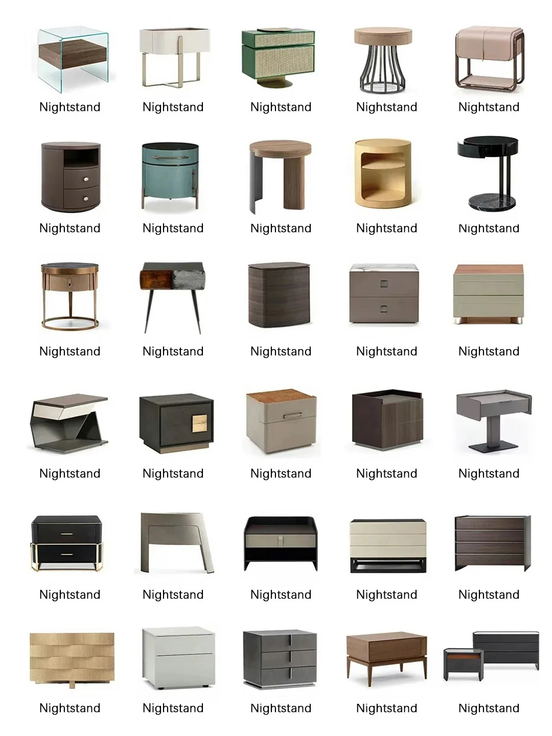 Catalog page showing different named nightstand designs