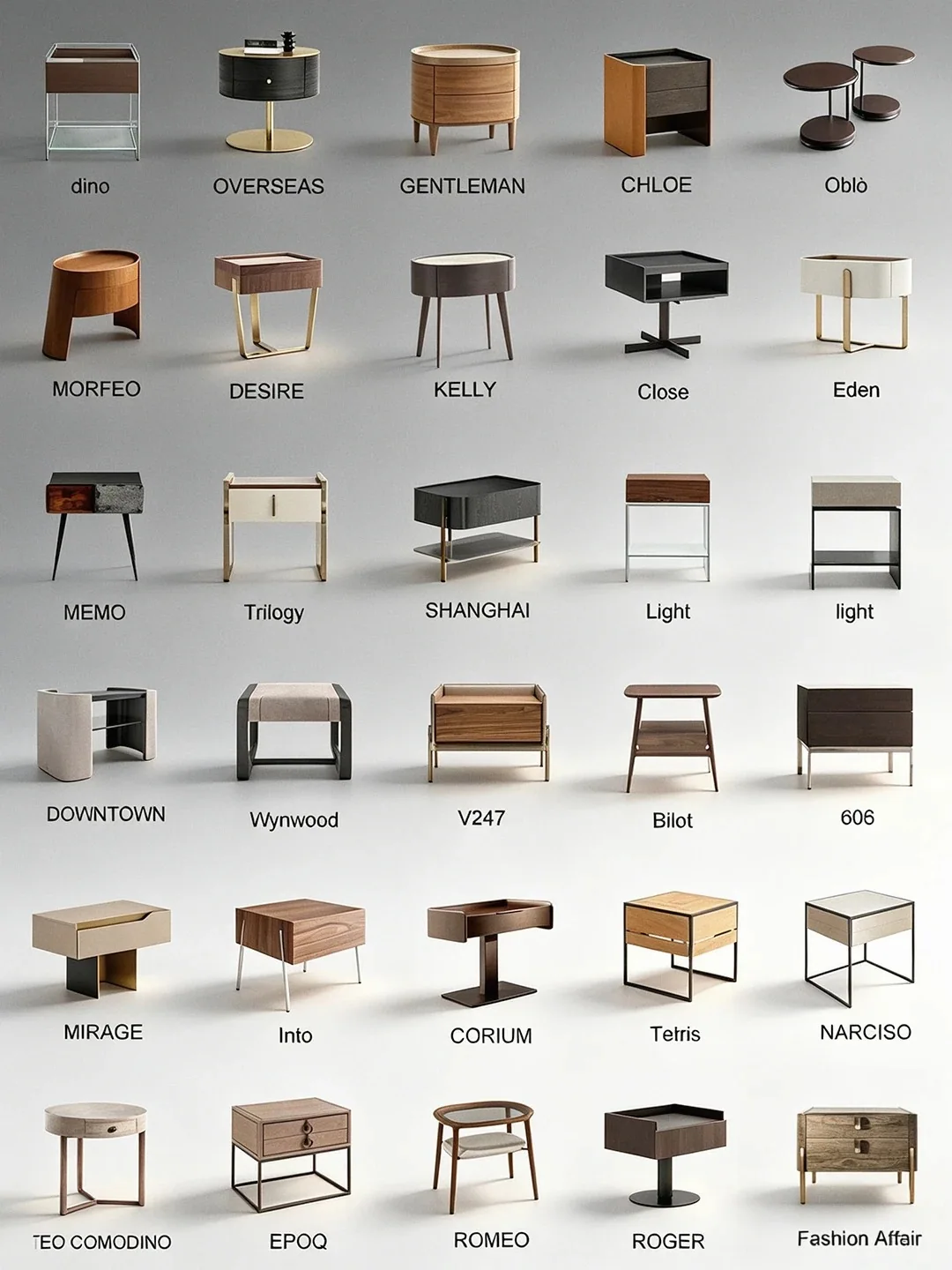 Reference board of multiple nightstand types