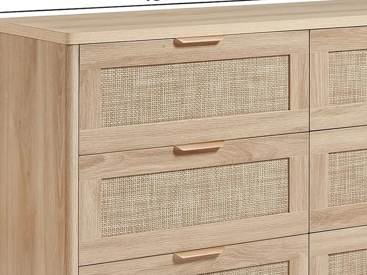Close-up detail of cane-front dresser drawers