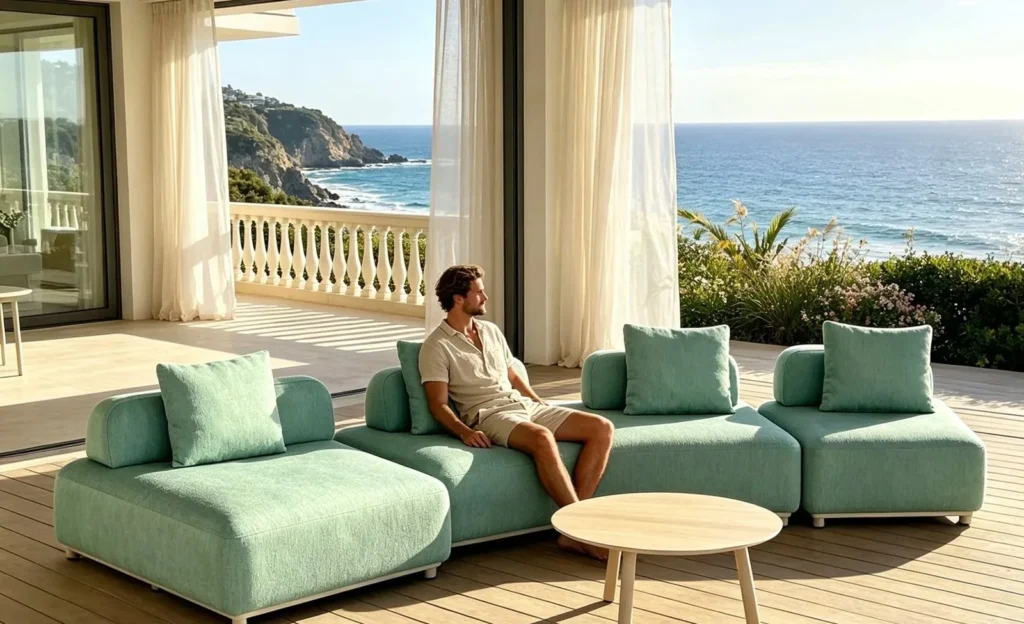 Modern modular outdoor sofa on a sunlit seaside terrace