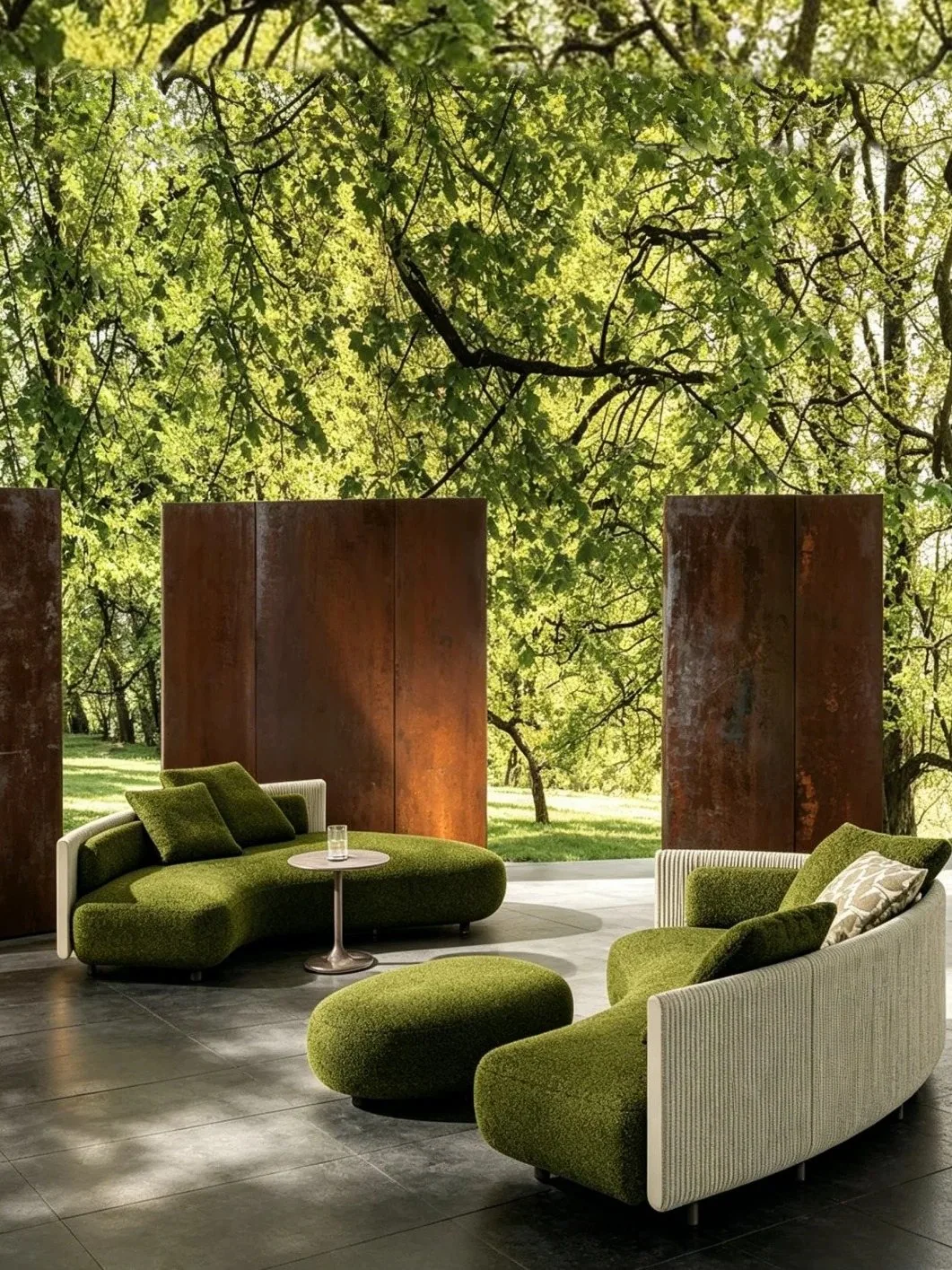 Curved green outdoor lounge seating in a landscaped garden setting