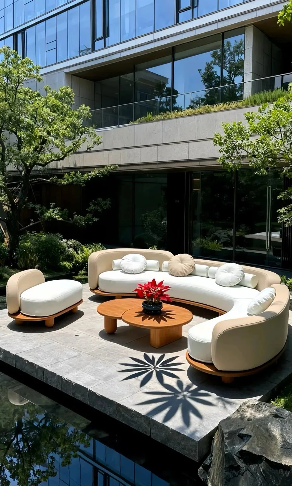 Curved white outdoor sofa and round wood coffee tables on a modern terrace