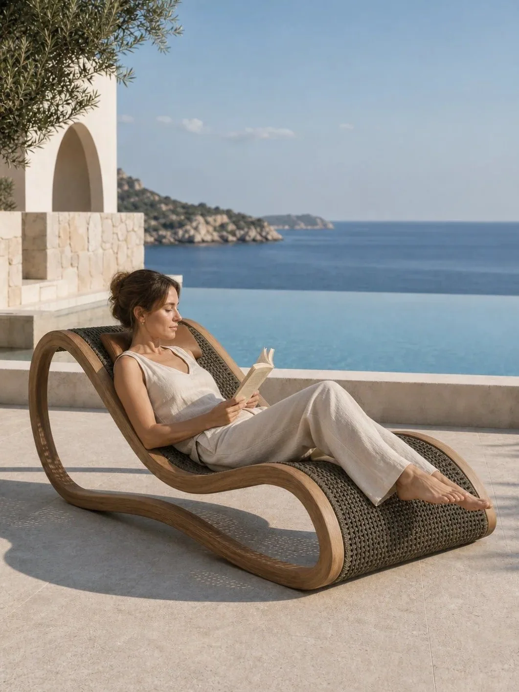 Person reading on a sculptural woven outdoor chaise beside an infinity pool