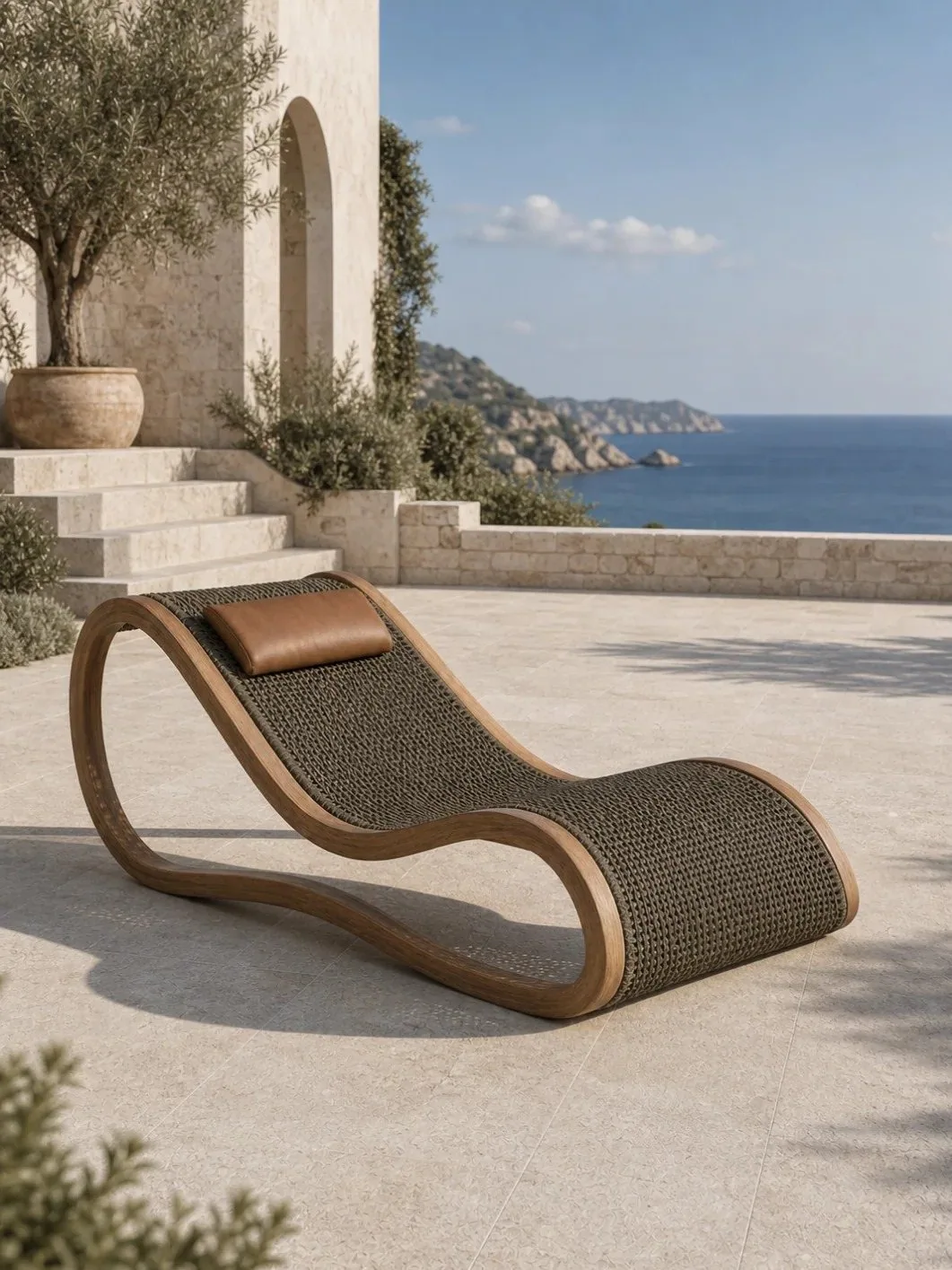 Sculptural wood and woven outdoor chaise on a coastal stone terrace