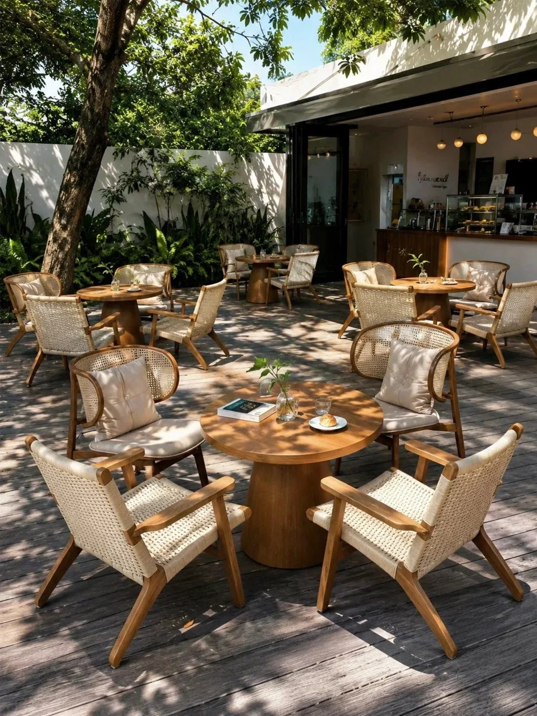 Outdoor cafe seating with woven chairs and round wood tables under trees