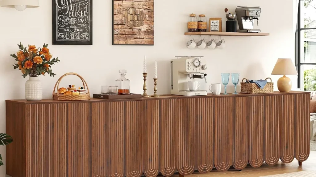 Long walnut fluted sideboard styled in a bright dining and coffee area