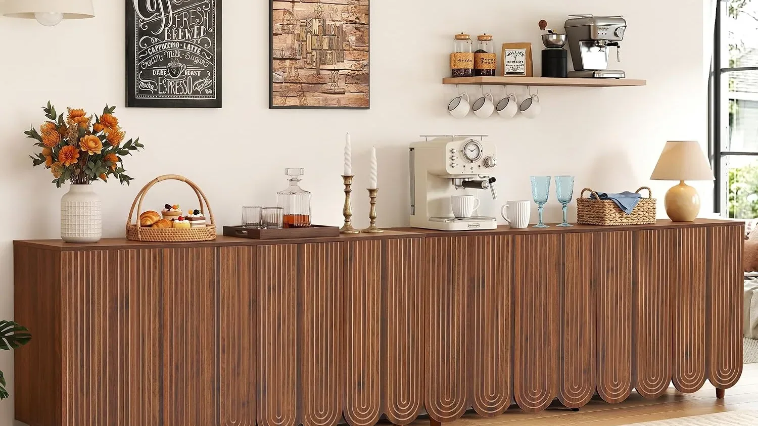 Long walnut fluted sideboard styled in a bright dining and coffee area