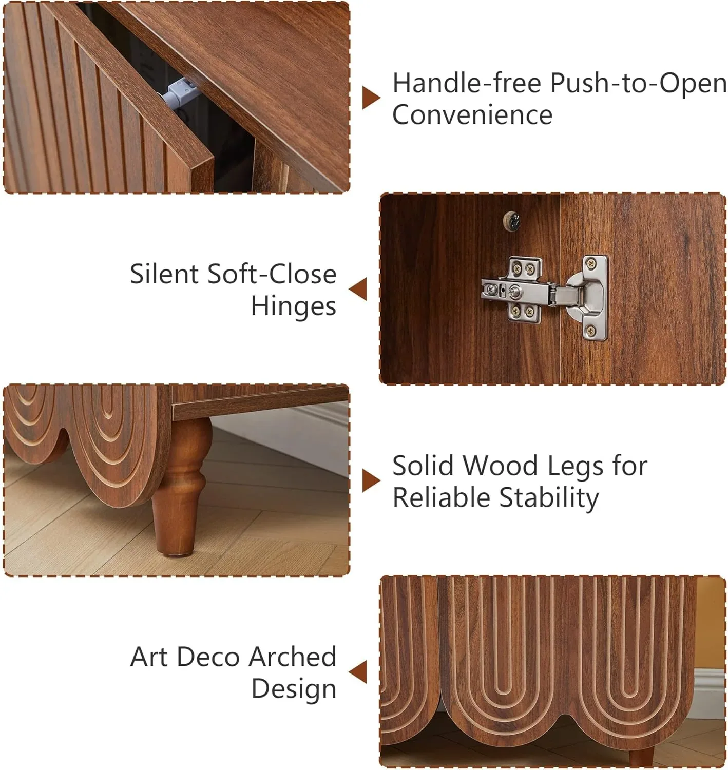 Sideboard hardware details showing push-to-open hardware, soft-close hinge, solid wood leg and fluted front