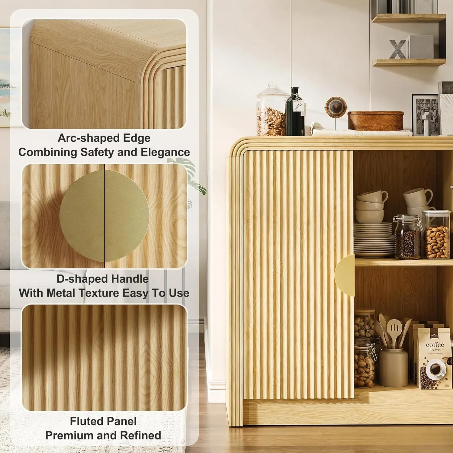 Close-up details of rounded edge, metal pull and fluted wood panel
