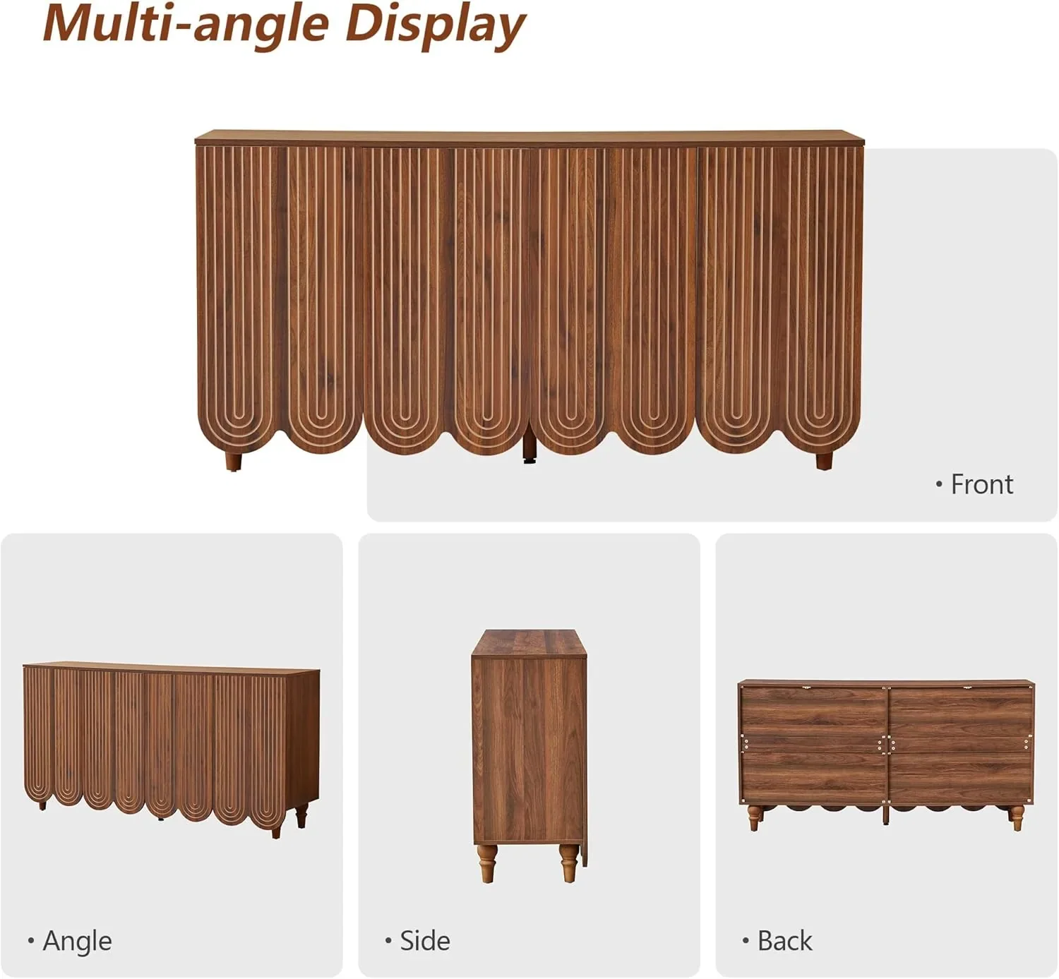 Multi-angle view of a long wood sideboard showing front, side, back and perspective