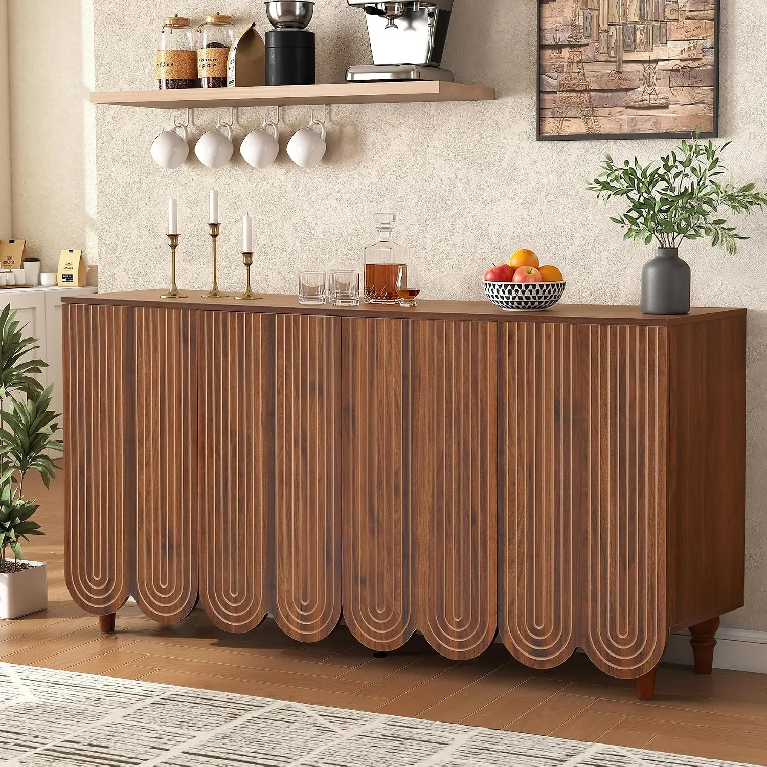 Dark walnut fluted sideboard with repeated arched front detail in a warm interior