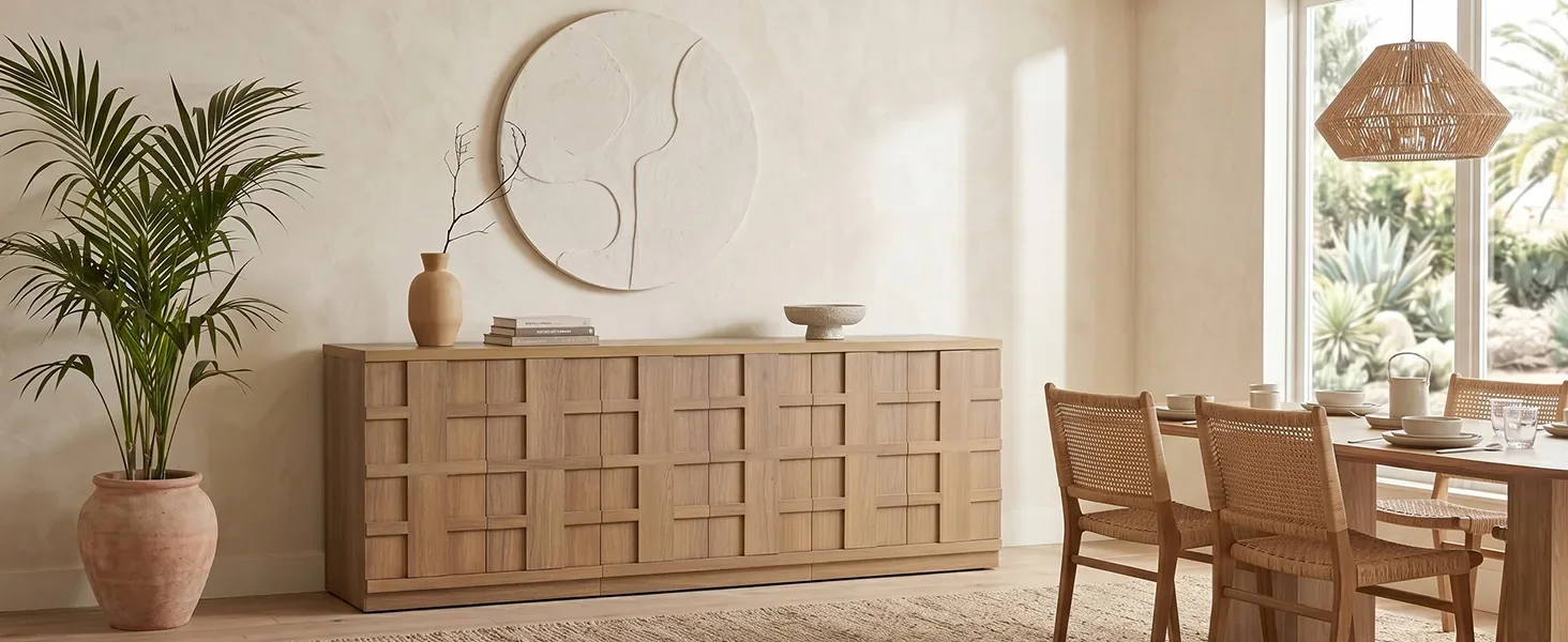Natural woven-front sideboard in an organic dining room