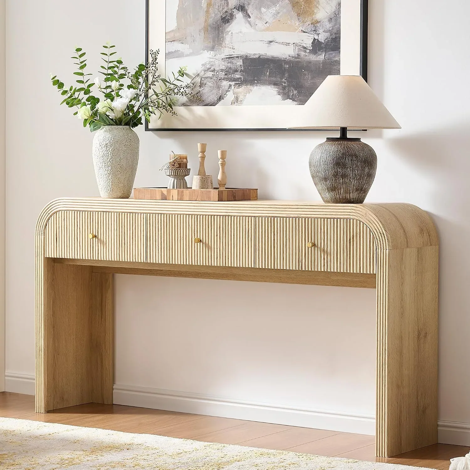 Light oak fluted console table with rounded waterfall sides