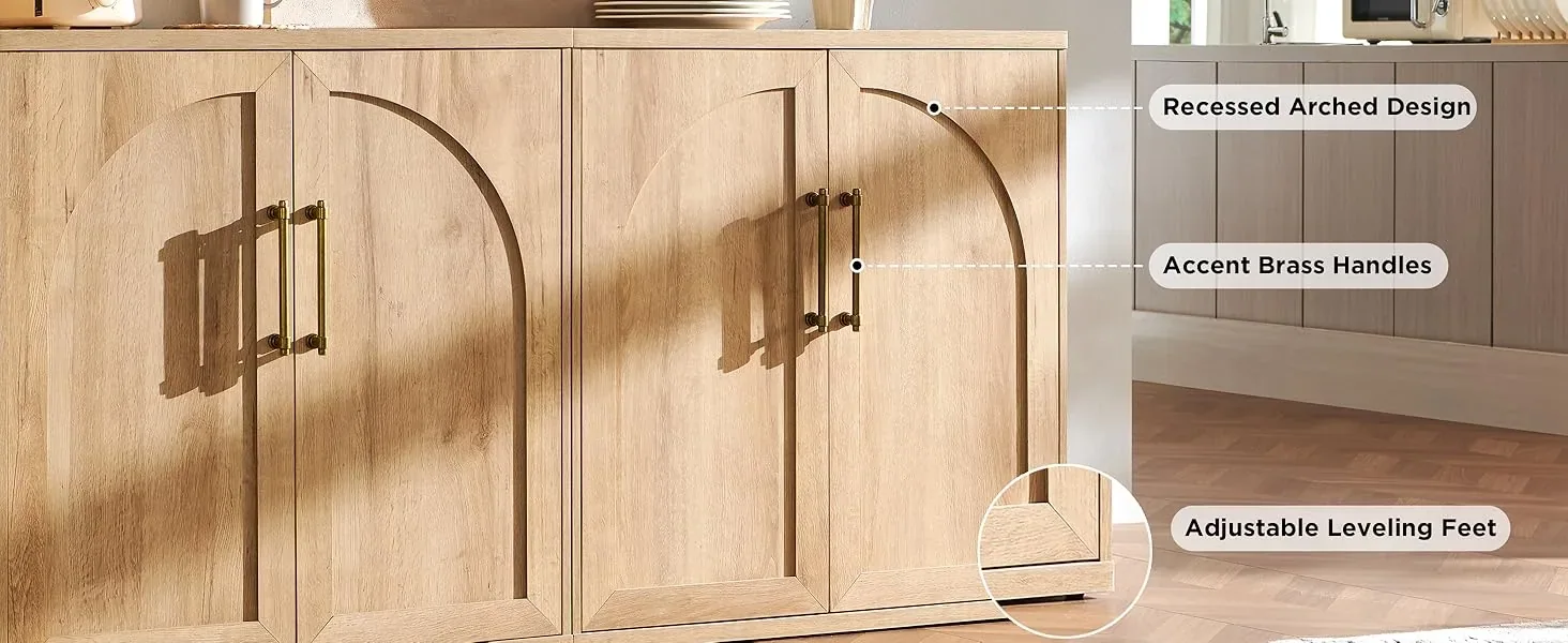 Sideboard detail graphic showing arched doors, brass handles and leveling feet