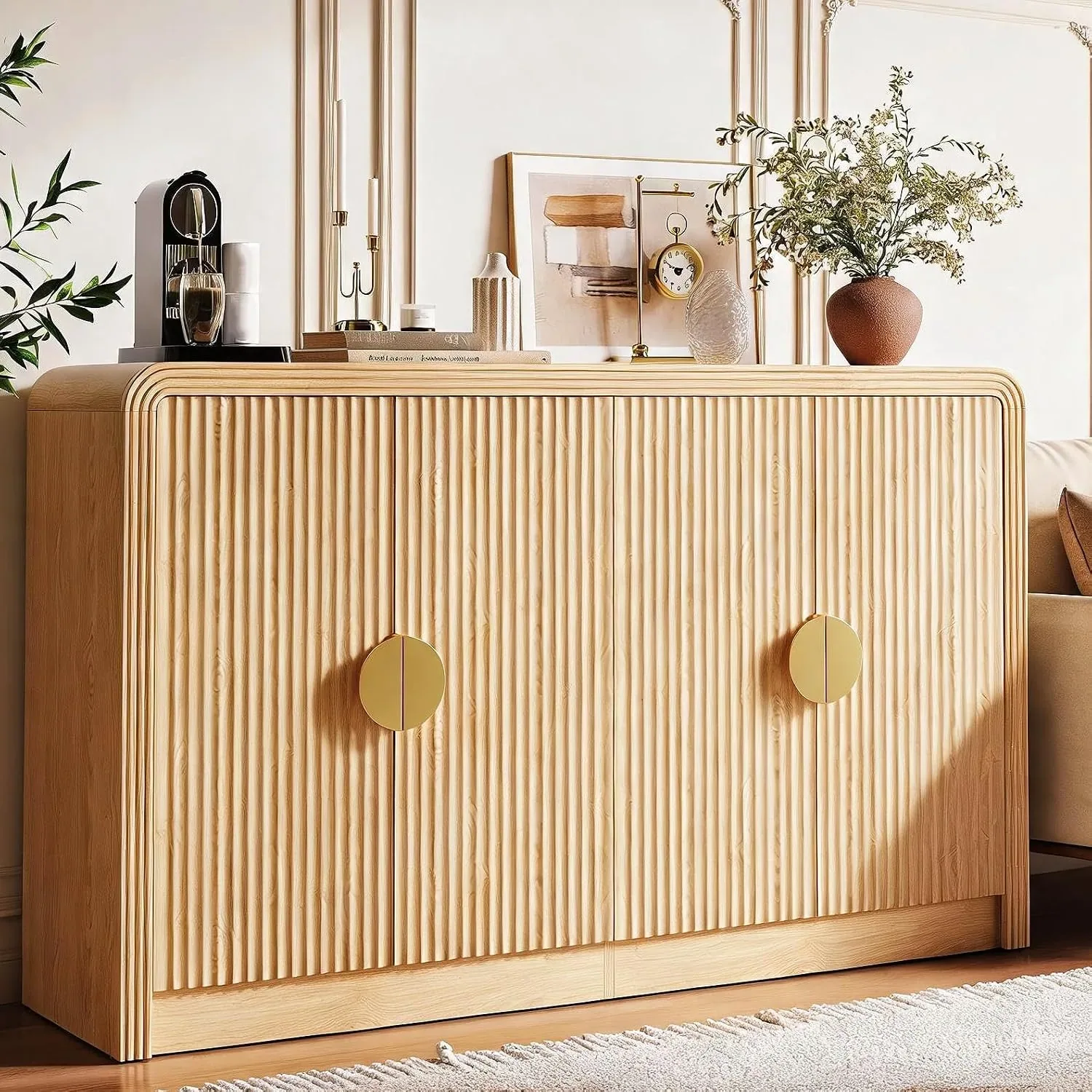 Light-oak fluted sideboard with rounded corners and brass circular pulls