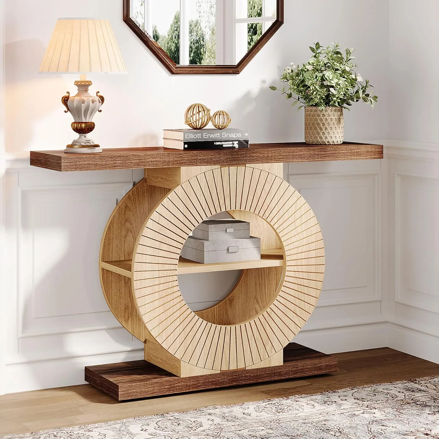 Sculptural console table demonstrating a highly customized silhouette