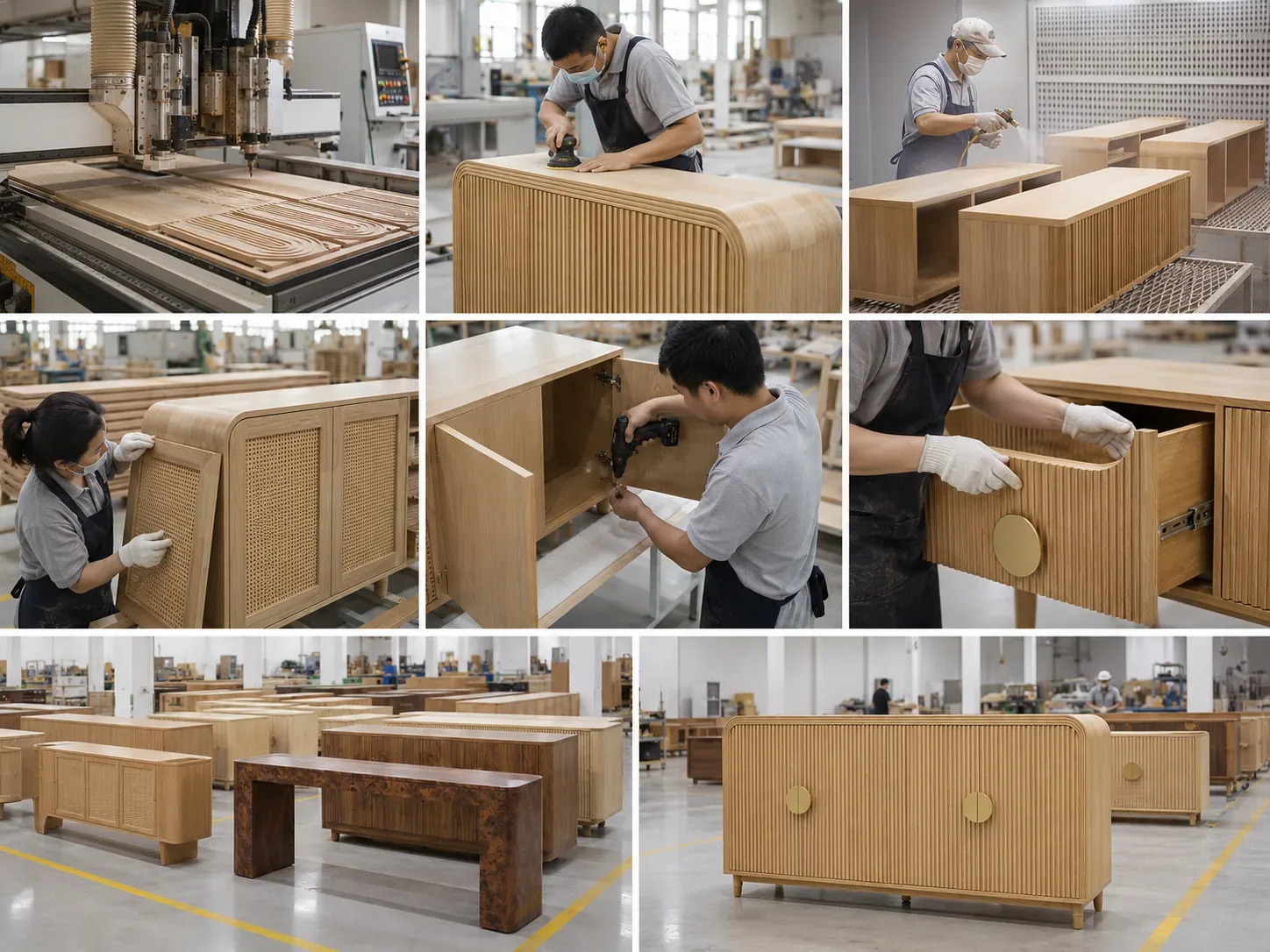 Sideboard manufacturing workflow including CNC machining, sanding, finishing, assembly and final products
