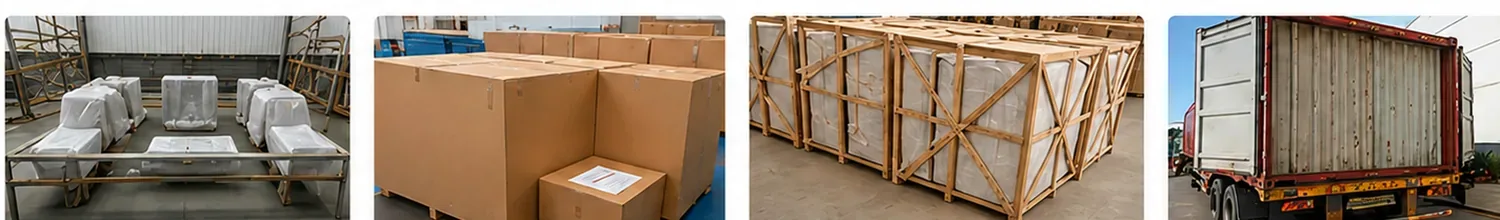 Generated export packing sequence showing protective wrapping, reinforced cartons, wooden crating and container loading