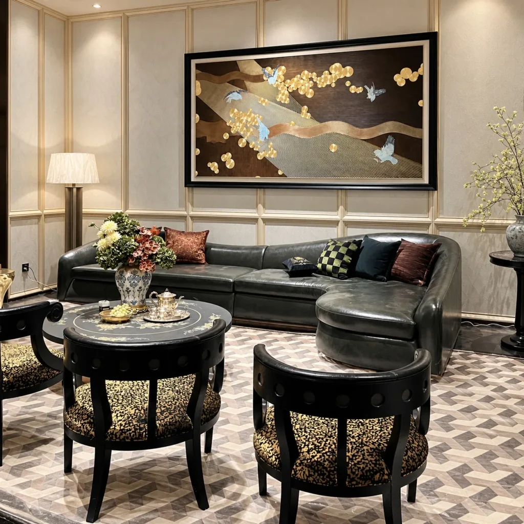 3D Hand Painted Mother of Pearl Landscape Wall Art in brushed brass — front view