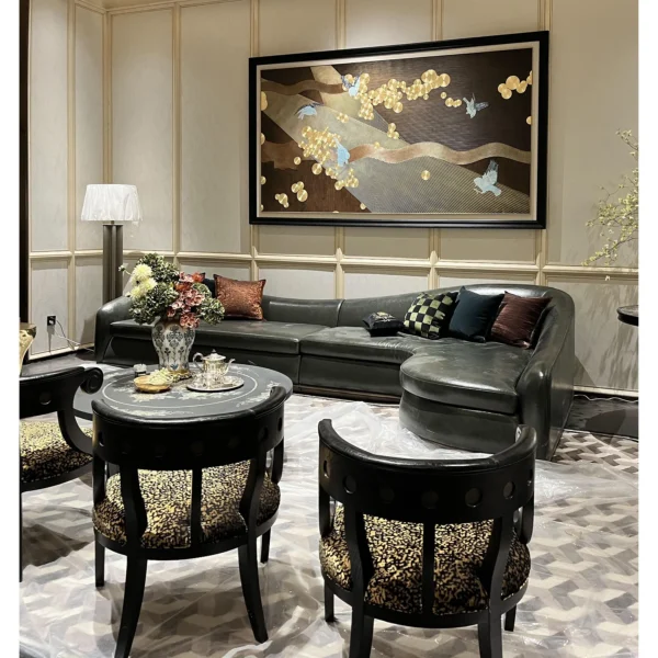 3D Hand Painted Mother of Pearl Landscape Wall Art in brushed brass — in a room setting