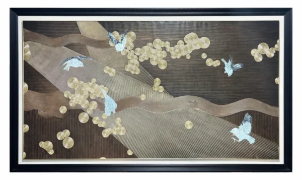 3D Hand Painted Mother of Pearl Landscape Wall Art in brushed brass — in a room setting
