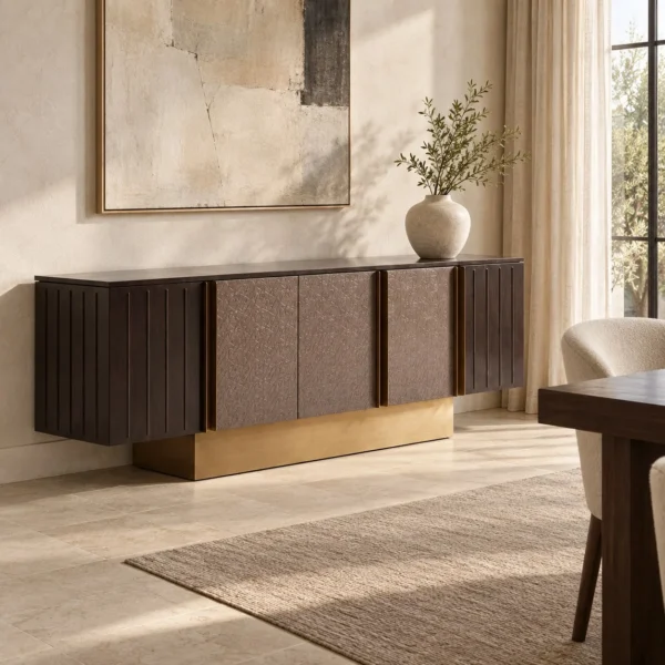 Ribbed and Embossed Leather Sideboard on Brass Base in clay — in a room setting