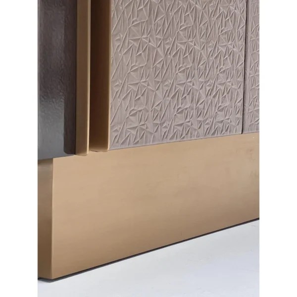 Ribbed and Embossed Leather Sideboard on Brass Base in clay — in a room setting