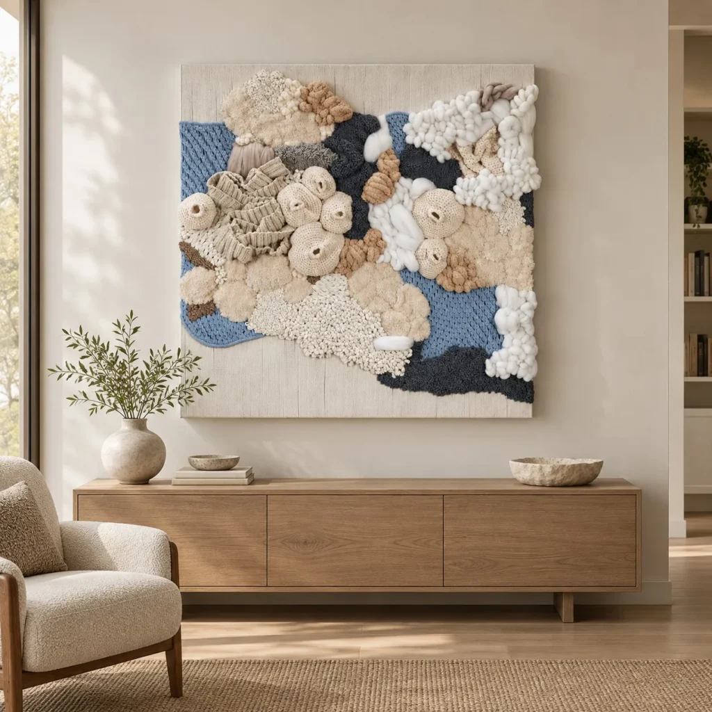 3D Fibre Coral Relief in Cream, Blue and Sand, 100 x 100 cm — front view