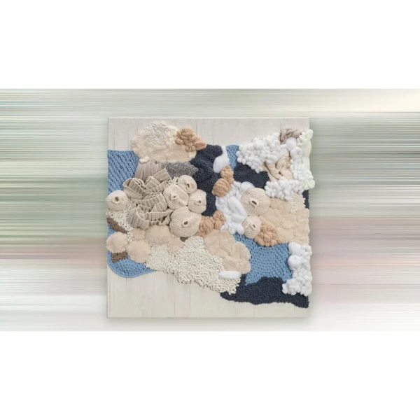 3D Fibre Coral Relief in Cream, Blue and Sand, 100 x 100 cm — in a room setting