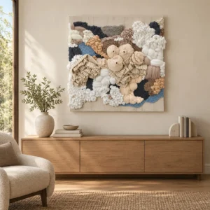 3D Fibre Coral Relief in Cream, Navy and Peach, 100 x 100 cm — front view