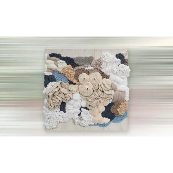 3D Fibre Coral Relief in Cream, Navy and Peach, 100 x 100 cm — in a room setting