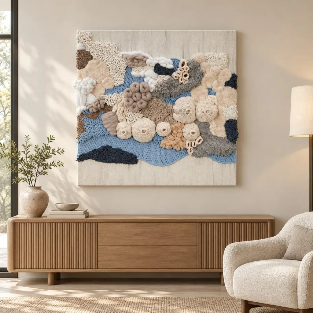 3D Fibre Coral Relief in Cream, Blue and Grey, 100 x 100 cm — front view
