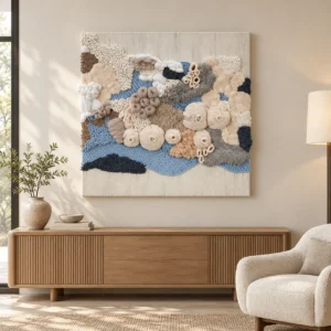 3D Fibre Coral Relief in Cream, Blue and Grey, 100 x 100 cm — front view