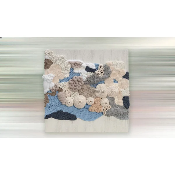 3D Fibre Coral Relief in Cream, Blue and Grey, 100 x 100 cm — in a room setting