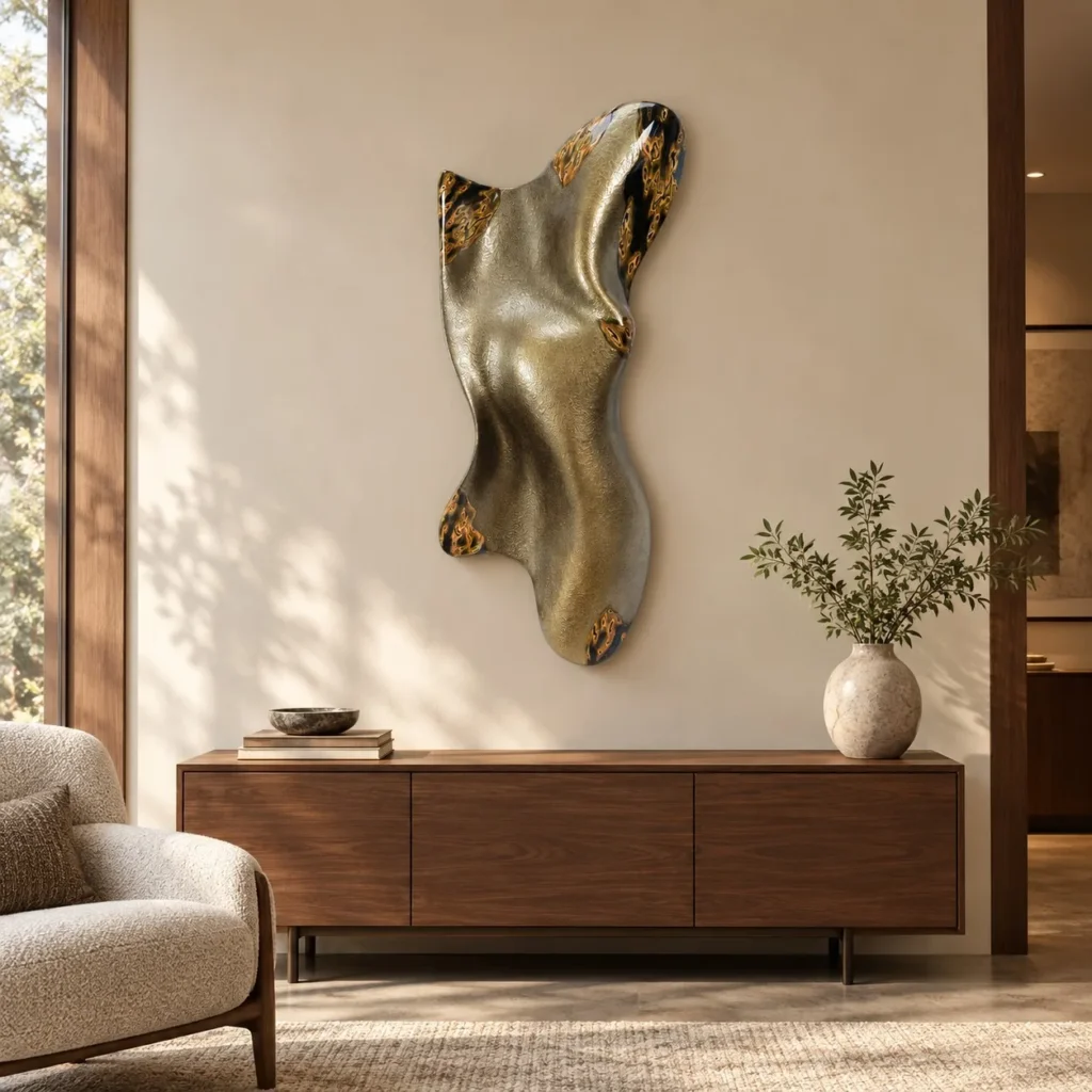 3D Draped Bronze Lacquer Wall Sculpture, 70 x 160 cm in bronze — front view