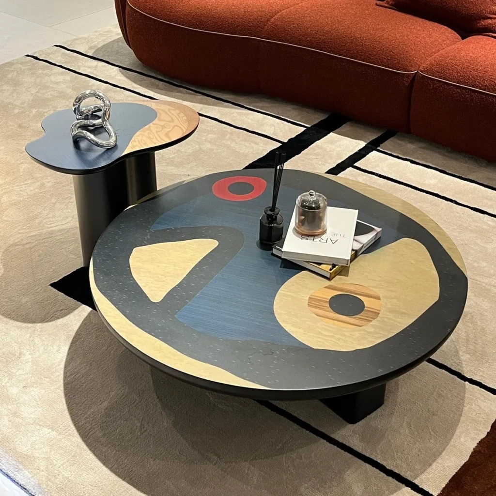 Abstract Marquetry Round Coffee Table Set with Side Table in black — front view