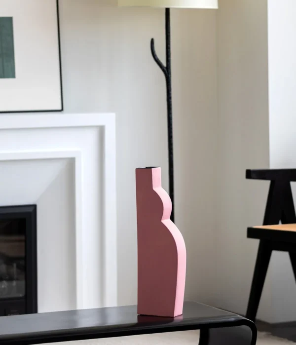 Abstract Curved Silhouette Ceramic Vases in White and Pink — in a room setting