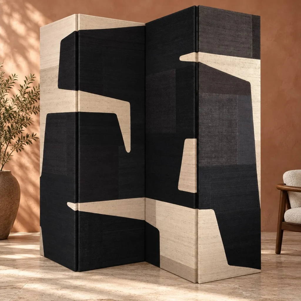 Abstract Colour-Block Hand-Painted Linen Folding Screen in black — front view