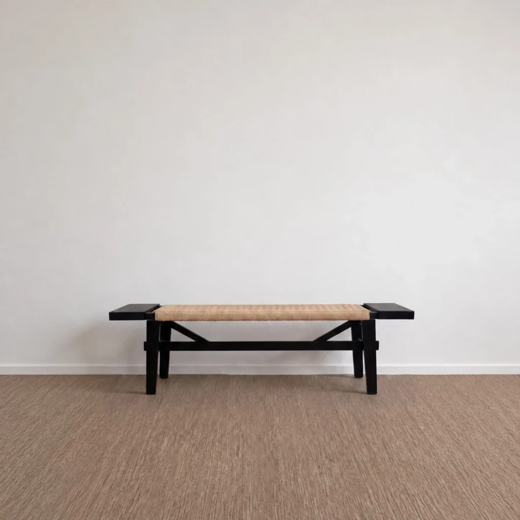 Across Black Wood Bench with Woven Rattan Seat in black — front view