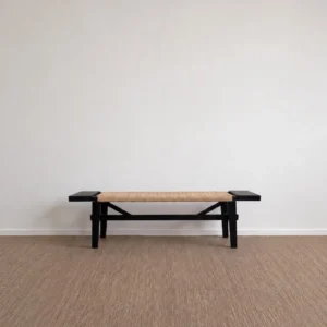 Across Black Wood Bench with Woven Rattan Seat in black — front view