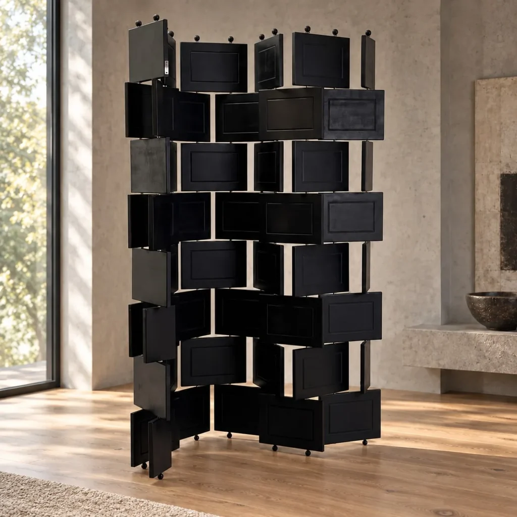 Adjustable Brick-Panel Black Lacquer Screen in black — front view