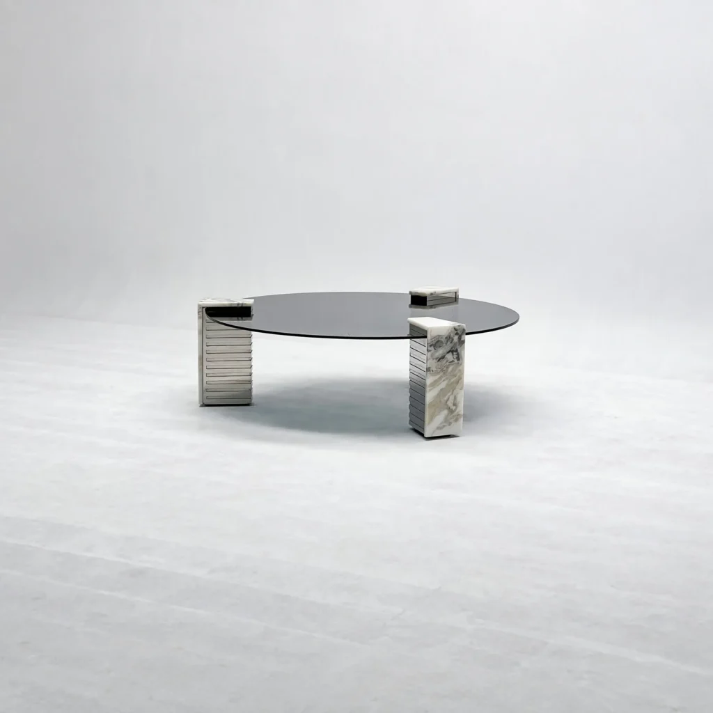 Round Glass Coffee Table on Marble and Chrome Column Base in black — front view