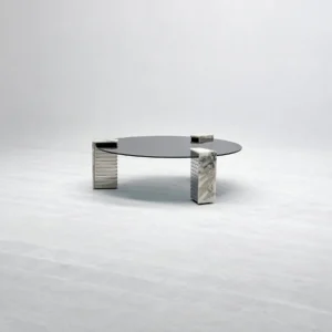 Round Glass Coffee Table on Marble and Chrome Column Base in black — front view