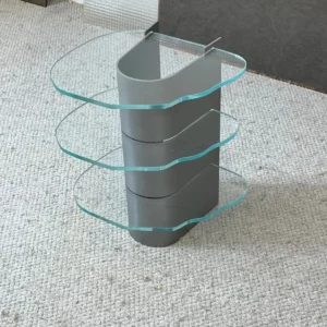 Three-Tier Glass Side Table on Curved Grey Metal Spine in slate — front view