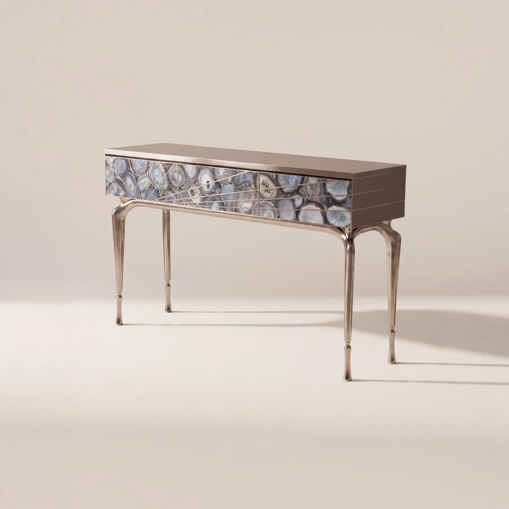 Blue Agate Console Cabinet on Sculpted Polished Legs in blue — front view