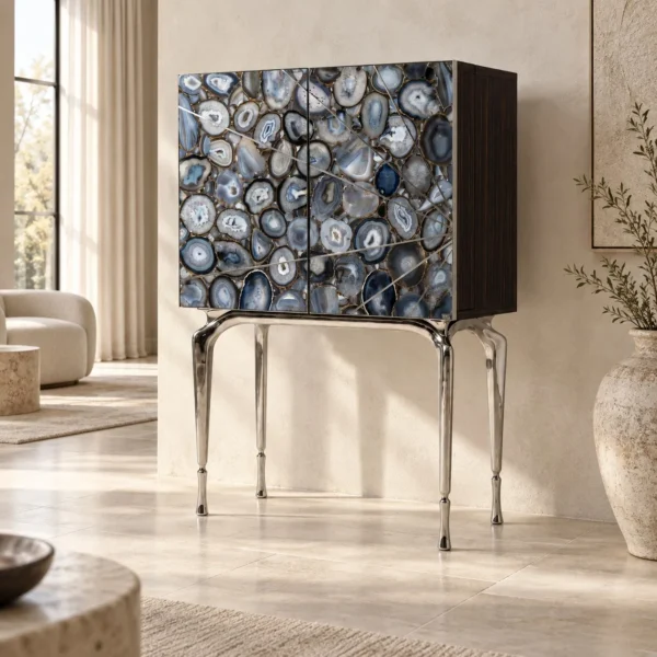 Blue Agate Slice Cabinet on Polished Steel Legs in blue — in a room setting