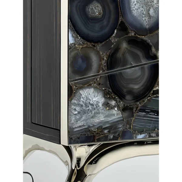 Blue Agate Slice Cabinet on Polished Steel Legs in blue — in a room setting