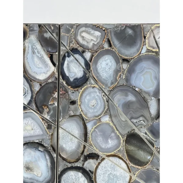 Blue Agate Slice Cabinet on Polished Steel Legs in blue — in a room setting