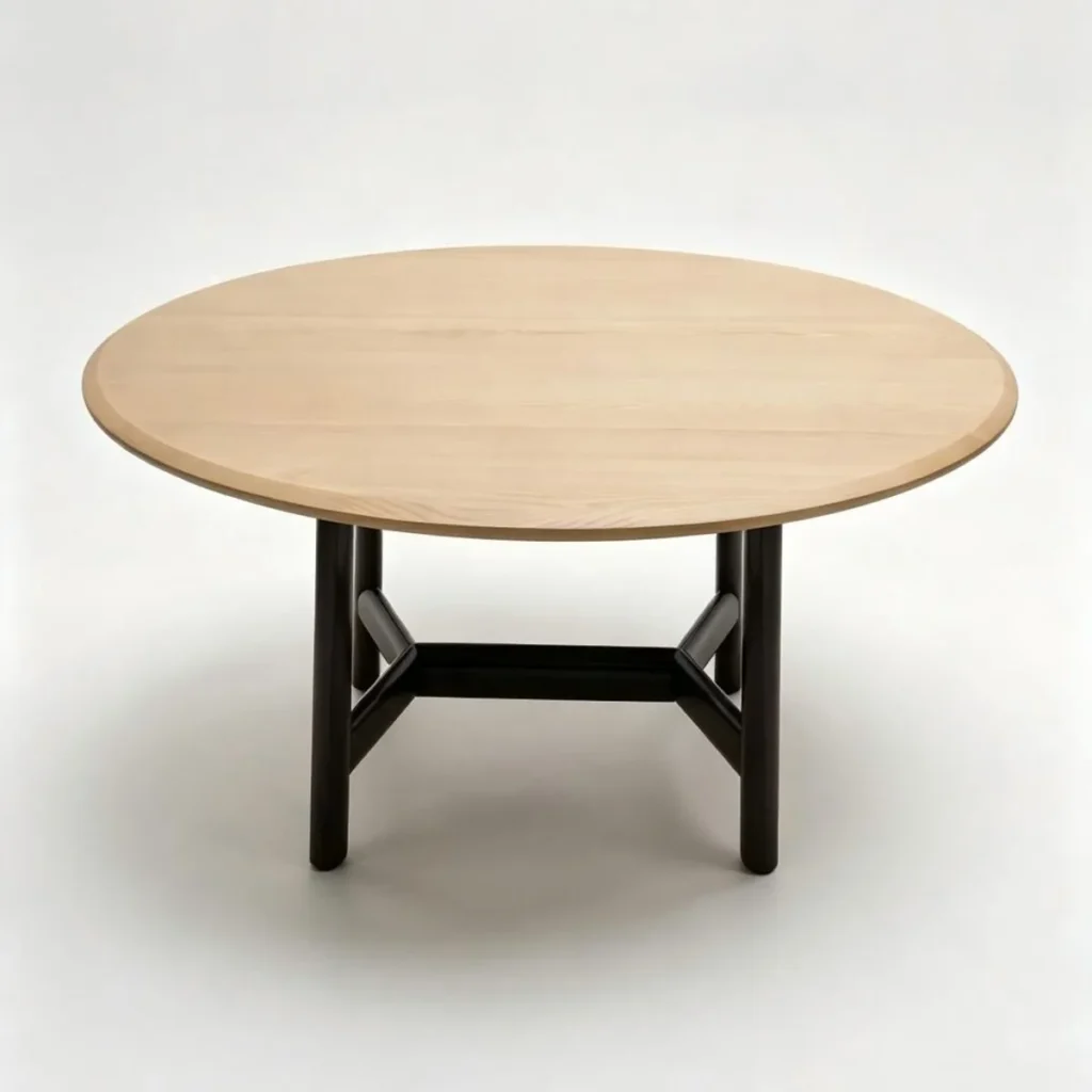 Alex Ash Round Dining Table on Red Steel Base in natural oak — front view